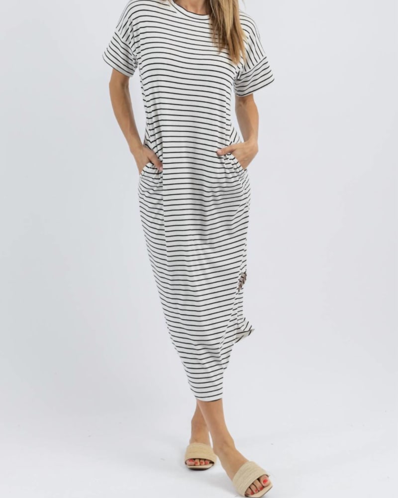 Front of a model wearing a size L Sundazed Stripe Midi Dress In White in White by Cherish. | dia_product_style_image_id:342444